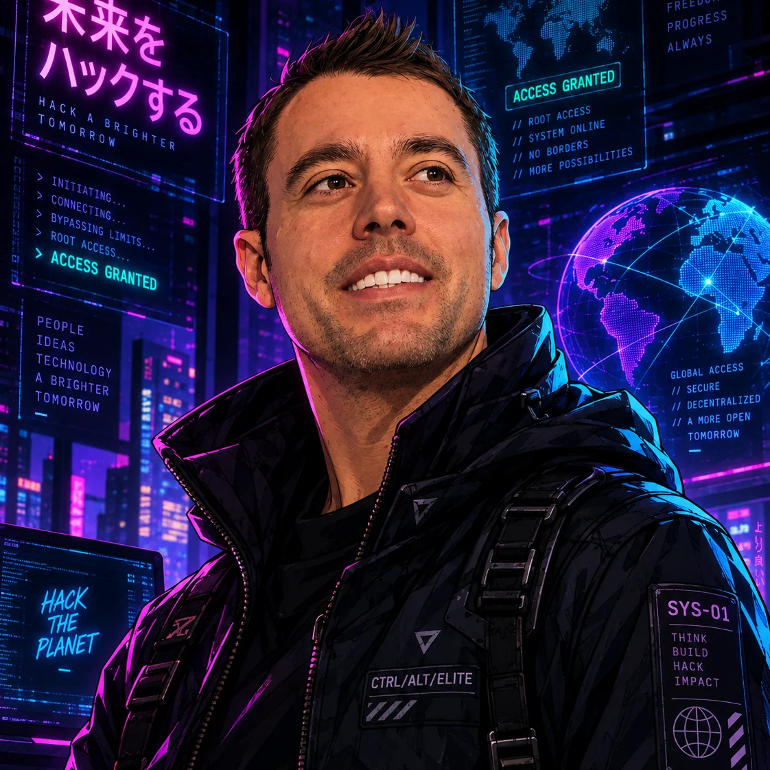 Portrait of pompom against a neon-lit cityscape